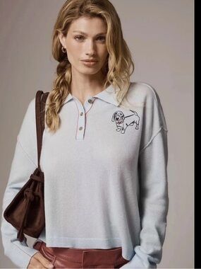 Anthropologie The Jensen Cashmere Crop Polo Sweater with Dog Embroidery
